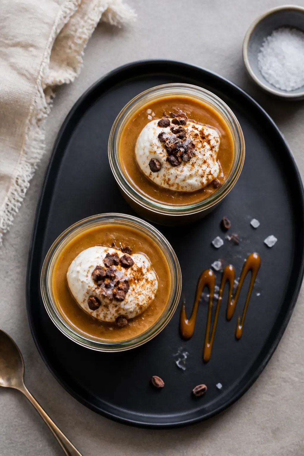 Final dish presentation: Restaurant-quality plated salted caramel protein pudding set in two small c