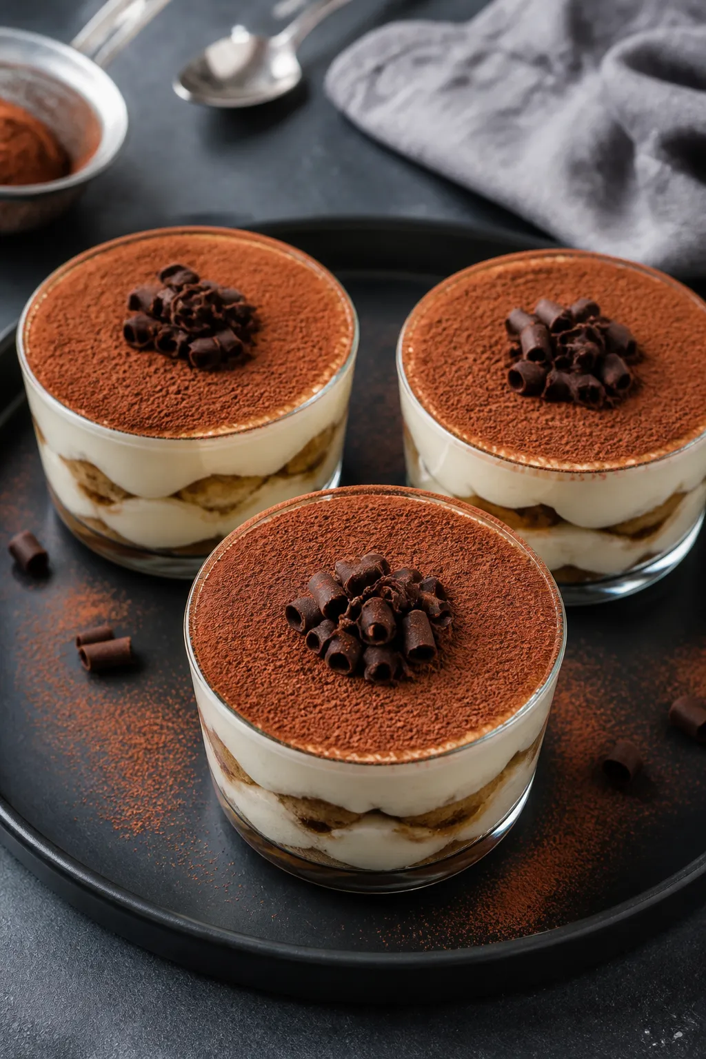Final dish presentation: Restaurant-quality plated trio of High Protein Low Carb Tiramisu Cups arran