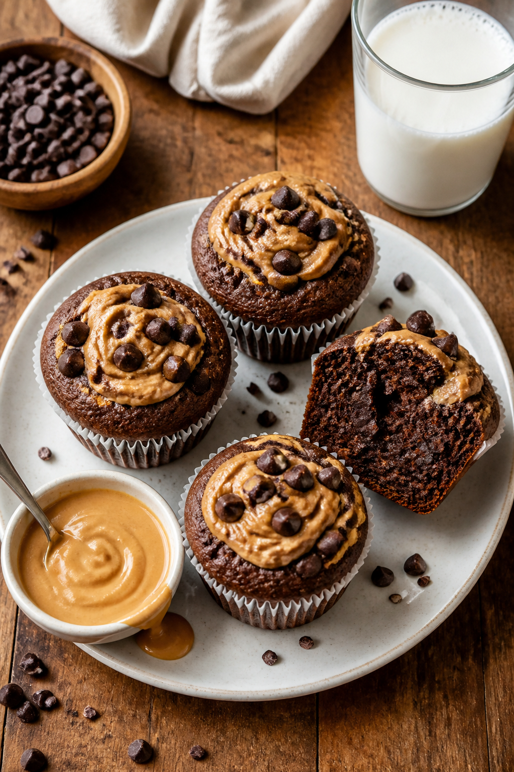 Final dish presentation: Restaurant-quality plated trio of chocolate peanut butter protein muffins o