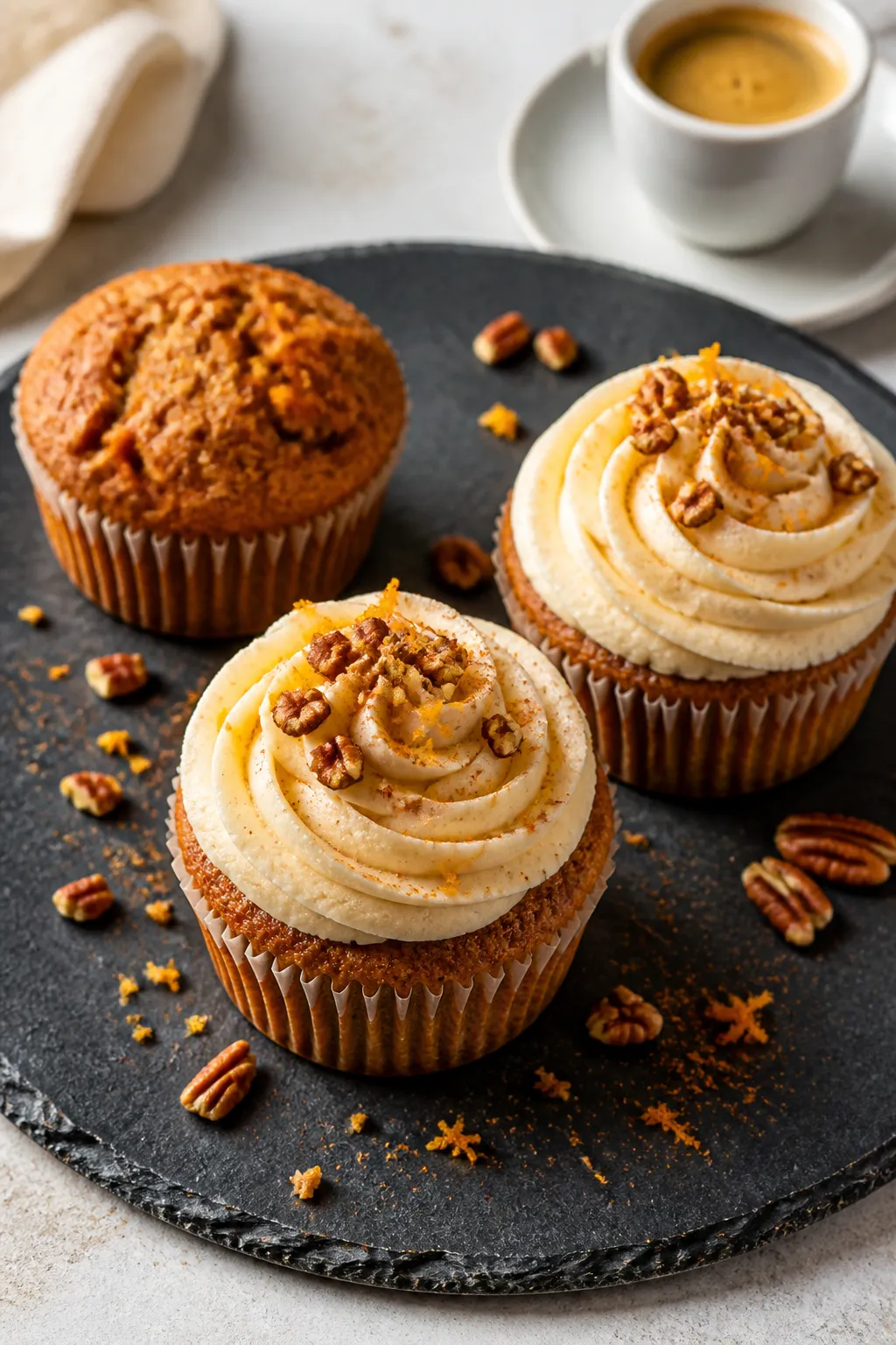 Final dish presentation: Restaurant-quality plating of two frosted high-protein carrot cake muffins 