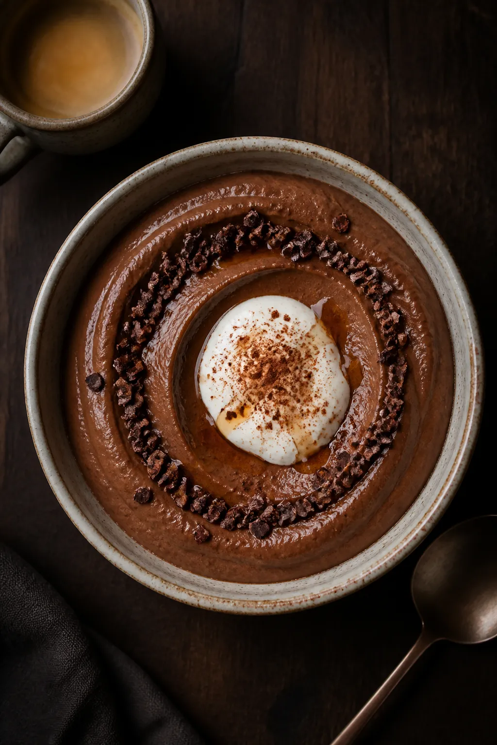 Final dish presentation: Restaurant-quality plating of high protein mocha pudding set in a low, wide