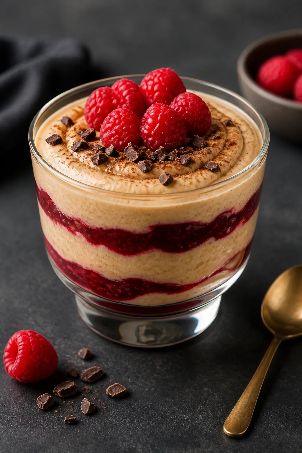 Final dish presentation: Restaurant-quality plating of PB&J layered Cottage Cheese Peanut Butter Pud