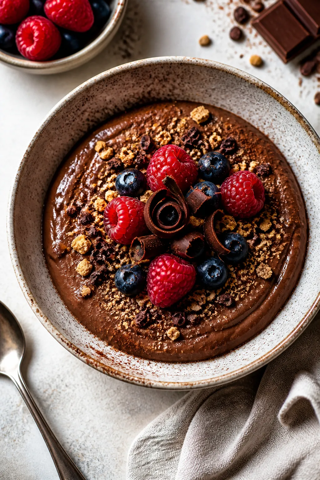 Final dish presentation: Restaurant-quality plating of the Chocolate Cheesecake Pudding in low, wide