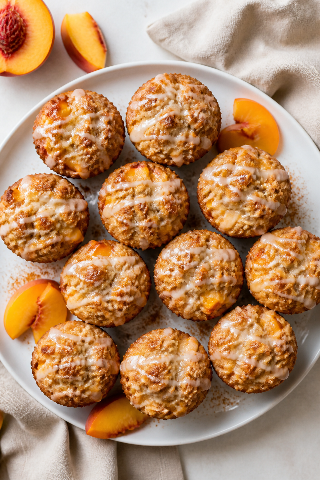 Final dish presentation: Restaurant-quality platter of glazed Protein Peach Cobbler Muffins on a whi