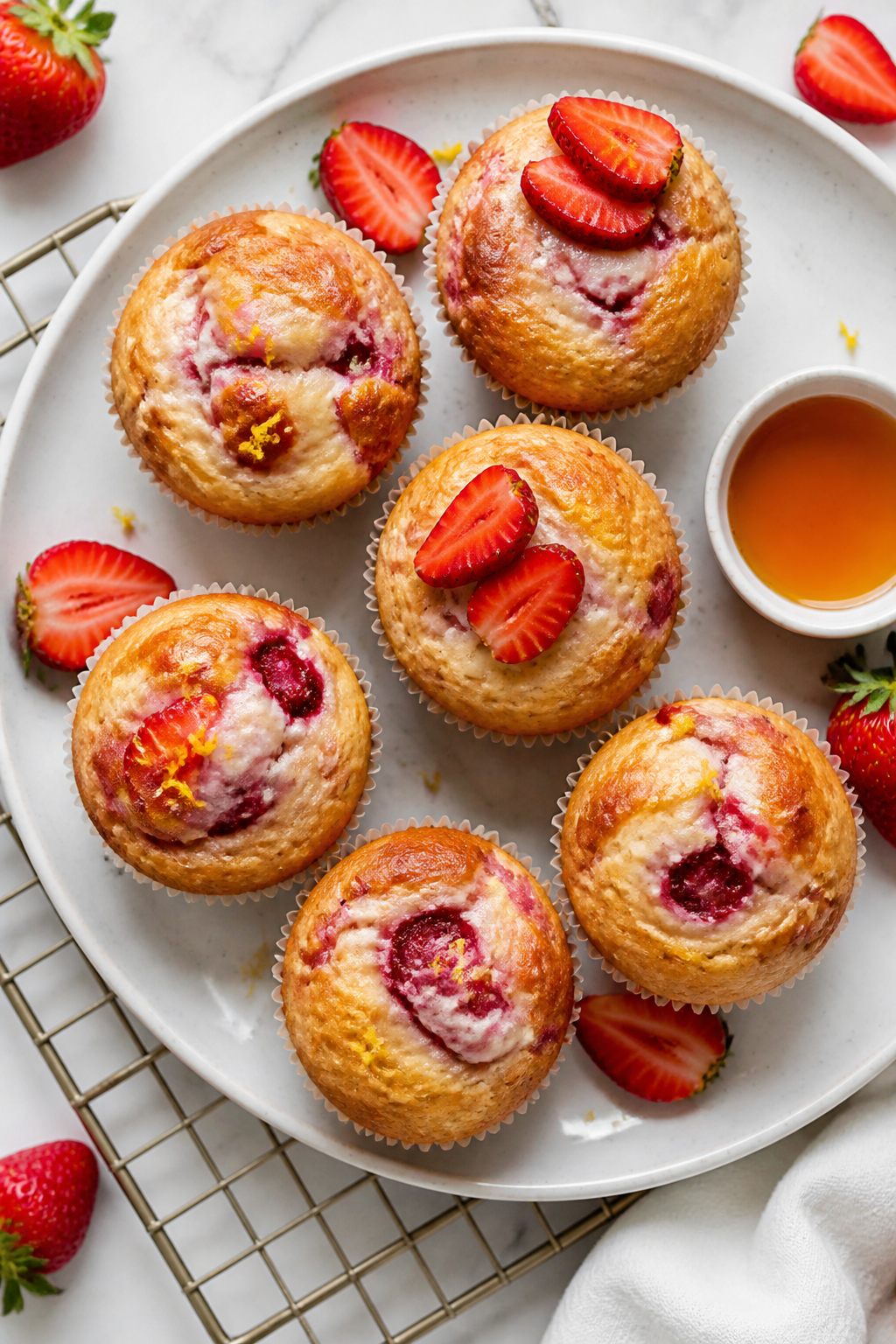 Final dish presentation: Restaurant-quality platter of finished strawberry cheesecake protein muffin