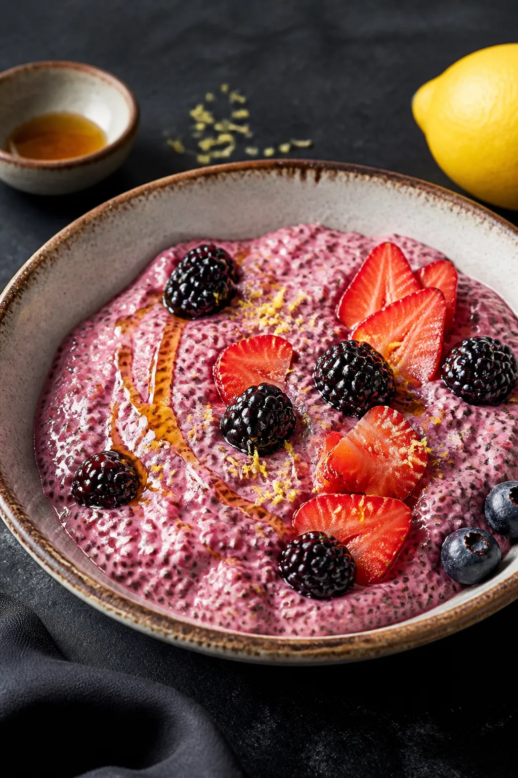 Final dish presentation: Restaurant-quality serving of mixed berry chia pudding in a wide, low stone