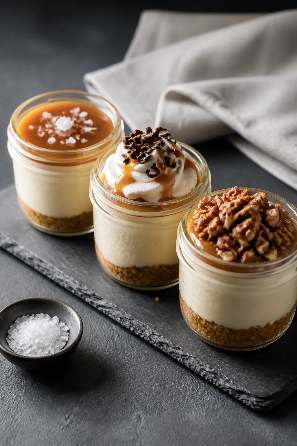 Final dish presentation: Restaurant-quality trio of finished high protein low carb salted caramel ch