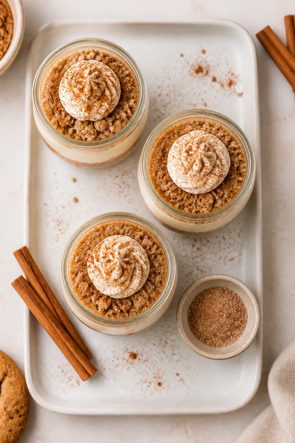 Final dish presentation: Restaurant-quality trio of assembled high-protein snickerdoodle cheesecake