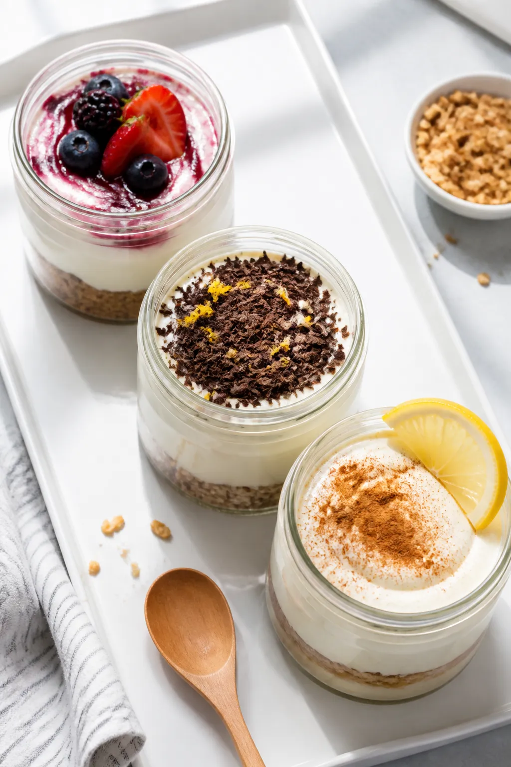 Final dish presentation: Restaurant-quality trio of finished Greek yogurt cheesecake jars on a matte