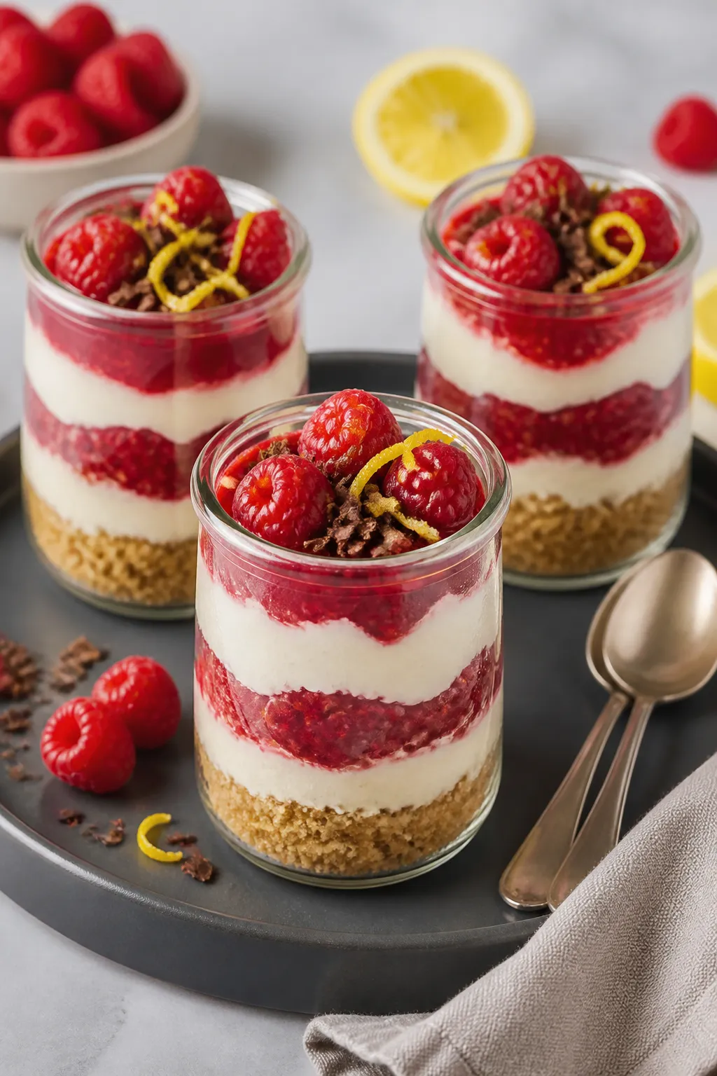 Final dish presentation: Restaurant-quality trio of finished high-protein low-carb raspberry cheesec