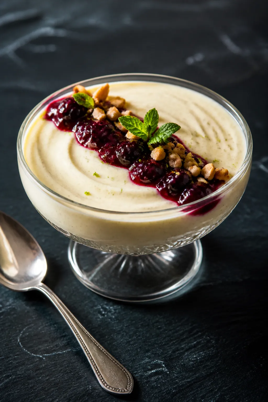 Final dish presentation: Single-serving cheesecake pudding in a low, wide coupe glass, ultra-creamy