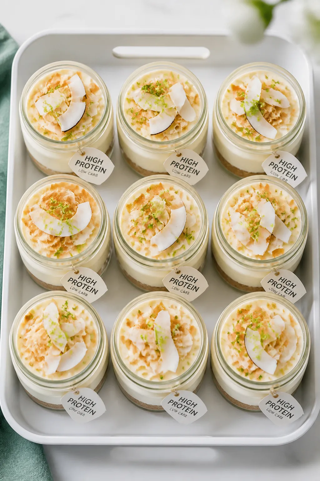 Final dish presentation: Tasty top view of finished High Protein Low Carb Coconut Cream Cheesecake J