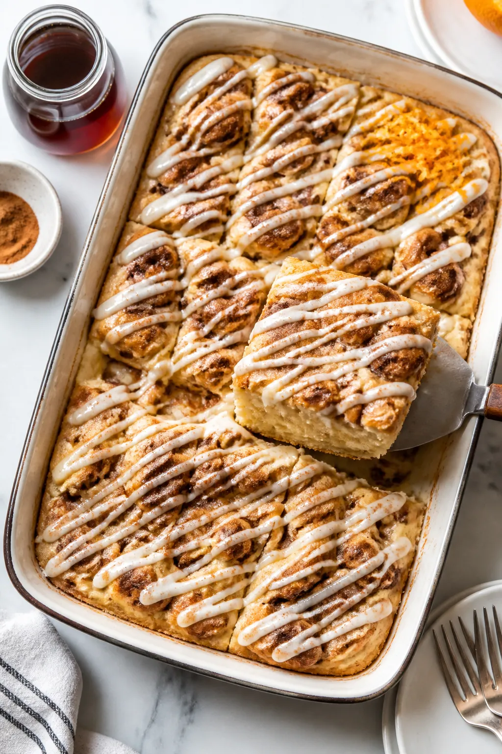 Final dish presentation: Tasty top view of the finished High Protein Cinnamon Roll Pudding in the ba