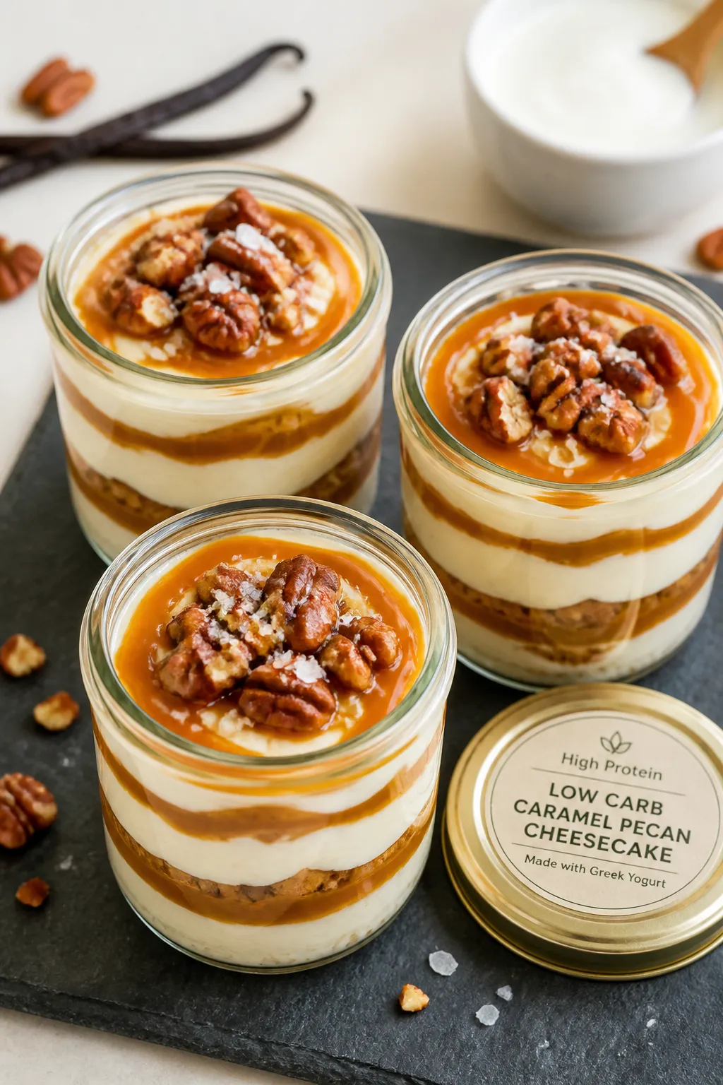 Final dish presentation: Three neatly layered High Protein Low Carb Caramel Pecan Cheesecake Jars ar