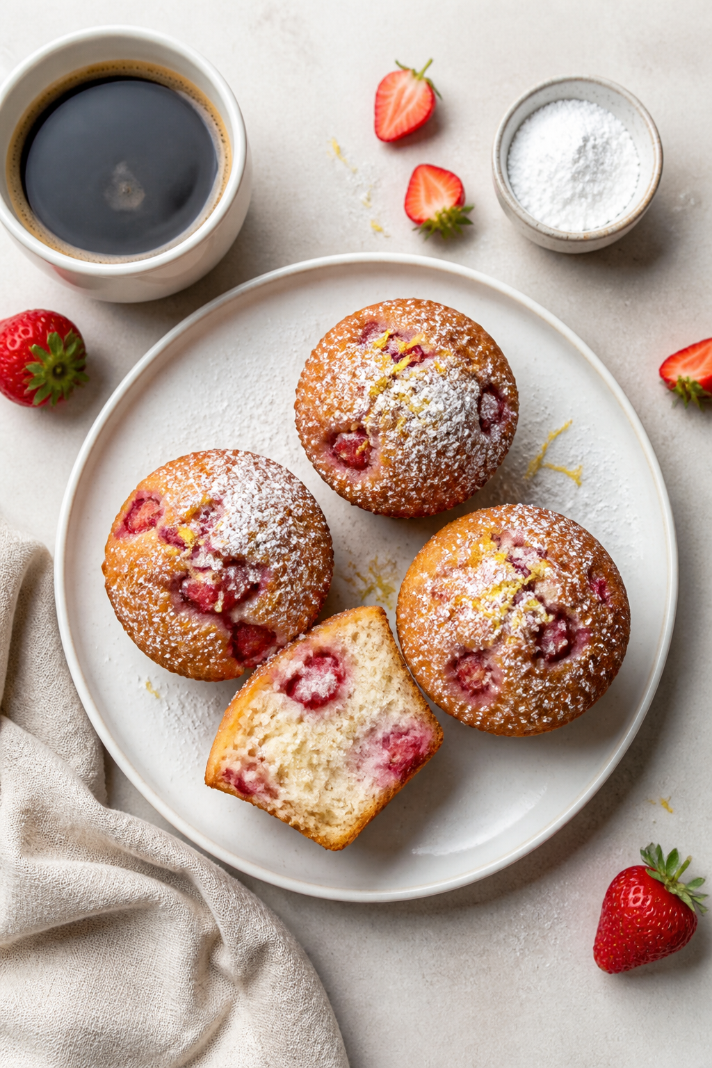 Final dish presentation, top-down: Overhead shot of a breakfast-ready spread—three strawberry yogu
