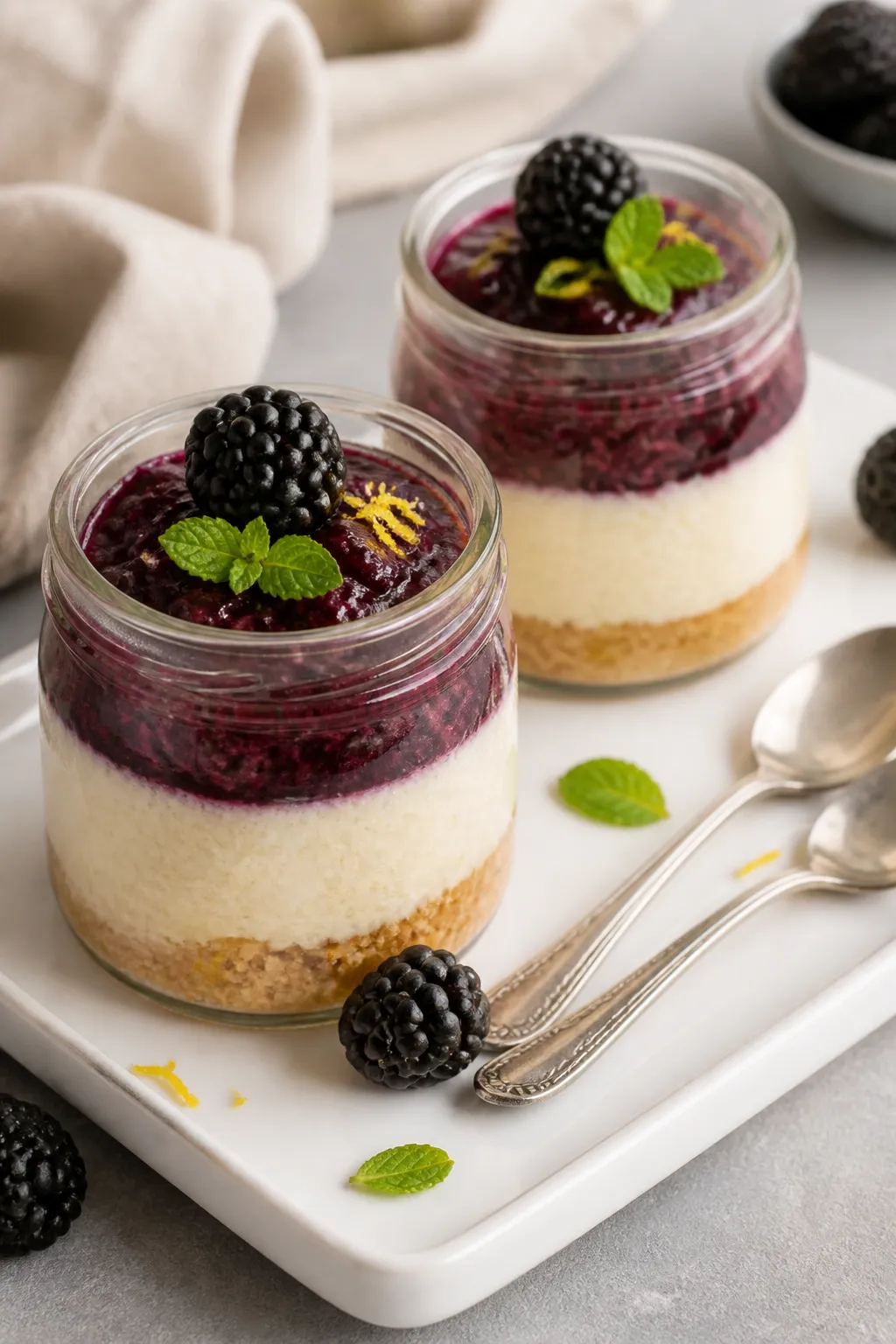 Final dish presentation: Two finished High Protein Low Carb Blackberry Cheesecake Jars styled for se