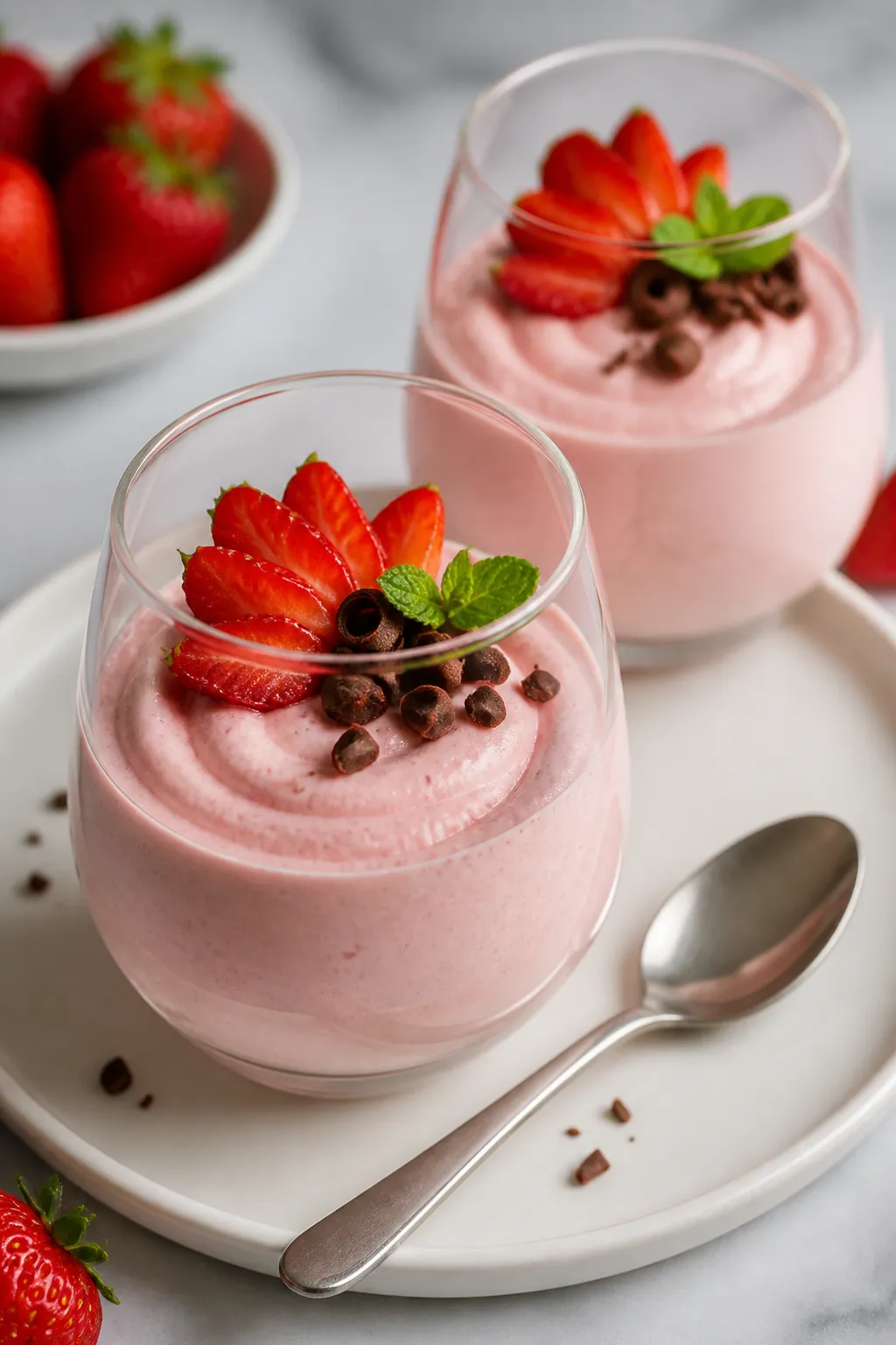 Final dish: Restaurant-quality plated Strawberry Protein Mousse piped into clear stemless dessert gl