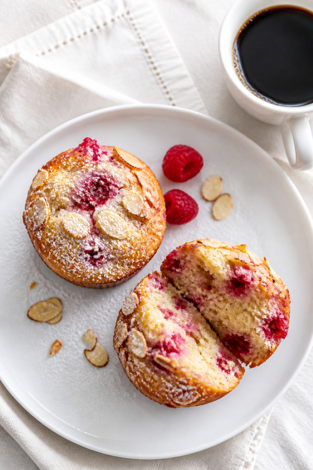Final dish, tasty top view: Overhead shot of a plate with two Raspberry Almond Muffins, one broken o