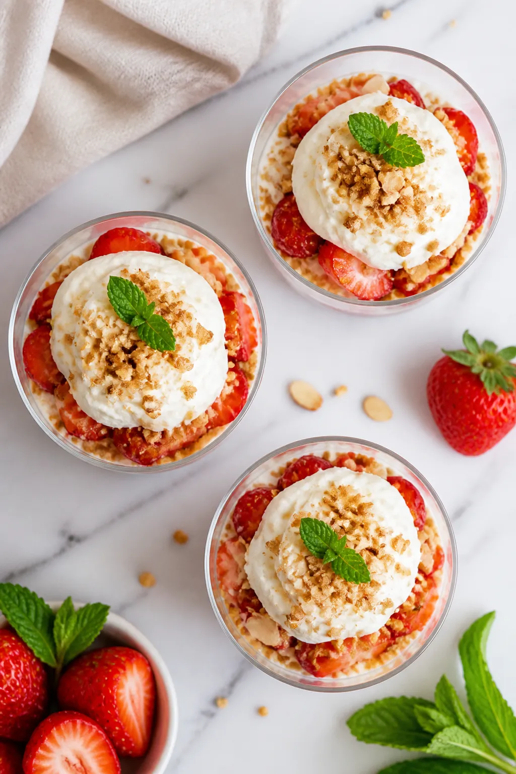 Final dish top view: Overhead shot of fully assembled Strawberry Shortcake Protein Parfaits in clear