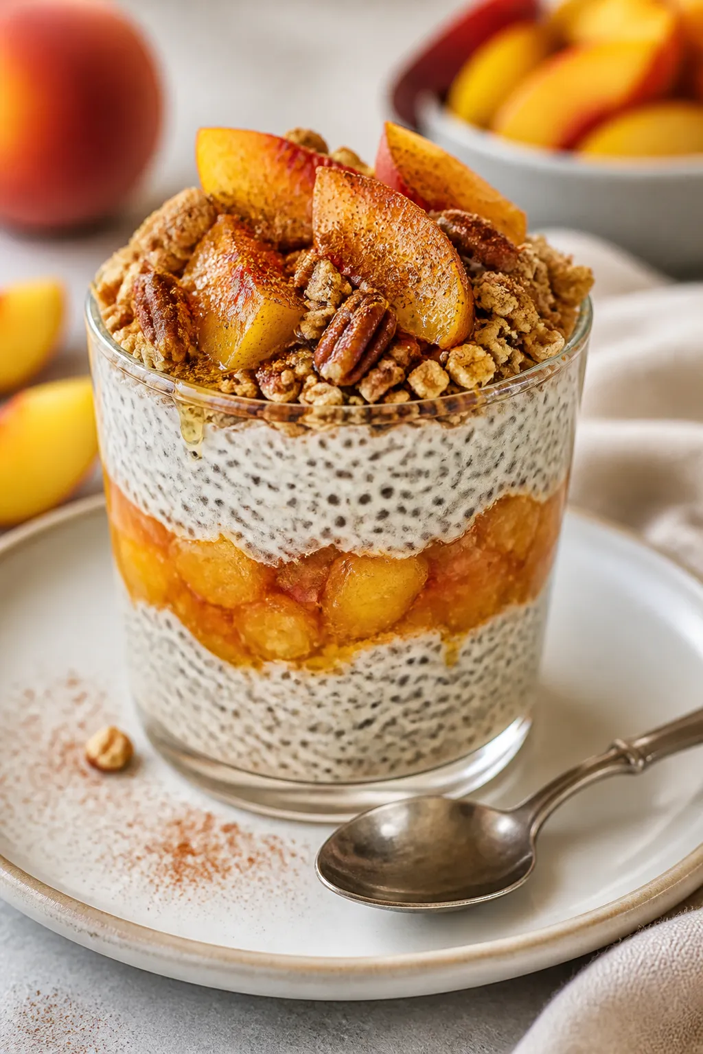 Final layered dish, side angle beauty shot: High Protein Peach Cobbler Chia Pudding assembled in a c