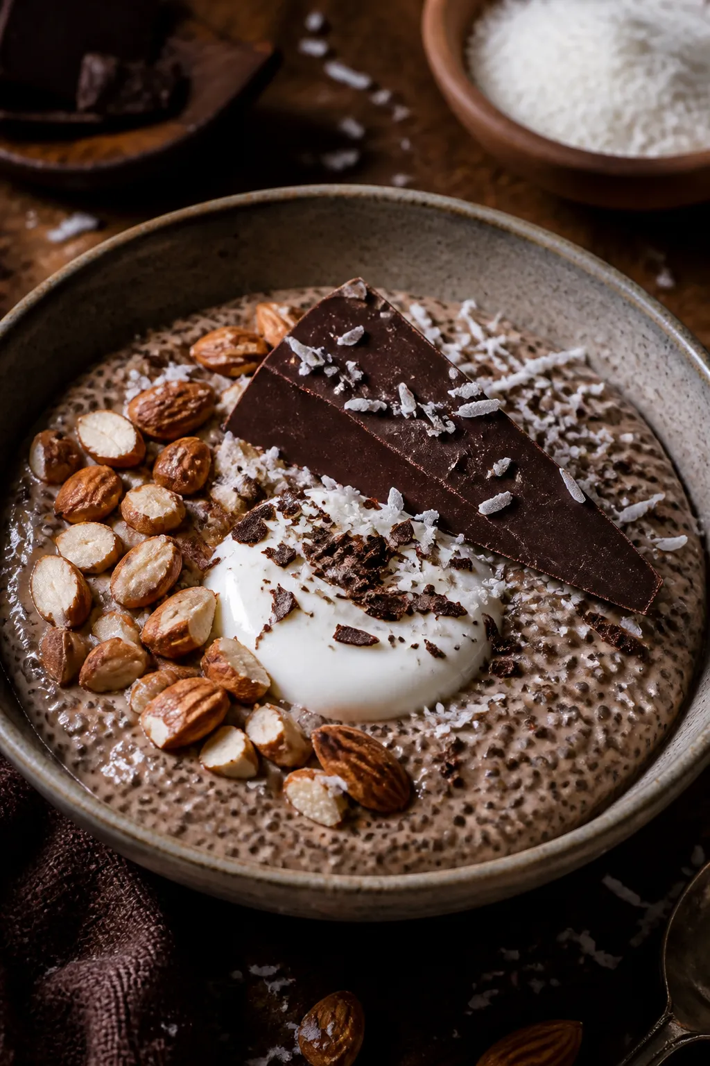 Final plated beauty: Restaurant-quality presentation of Almond Joy chia pudding in a low, wide ceram