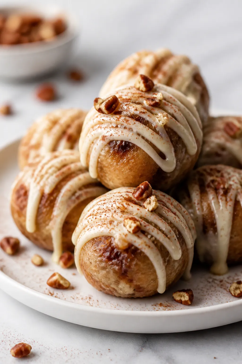 Final plated beauty shot: Restaurant-quality presentation of frosted cinnamon roll protein bites sta