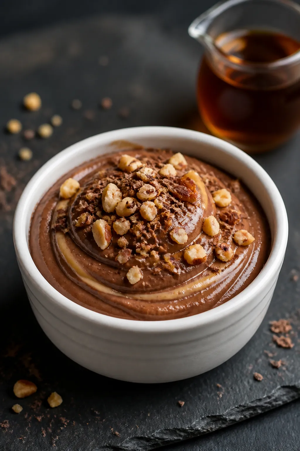 Final plated beauty shot: Single serving of Greek Yogurt Chocolate Mousse Pudding swooped into a mat