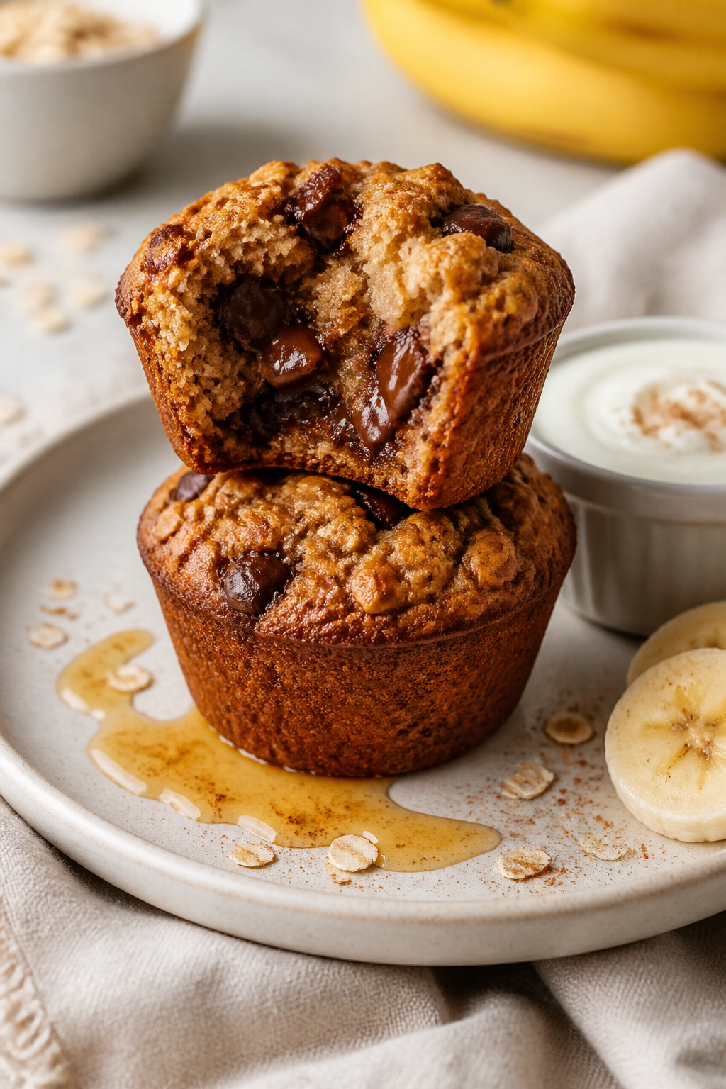 Final plated beauty: Stack of two banana oatmeal protein muffins on a matte white plate, one torn op