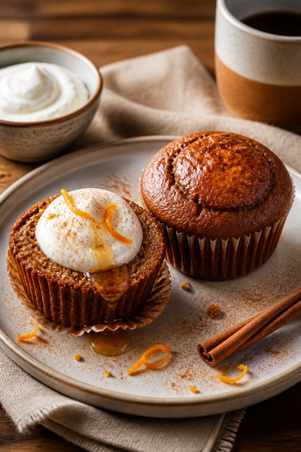 Final plated breakfast scene: two gingerbread protein muffins on a matte ceramic plate, one halved a