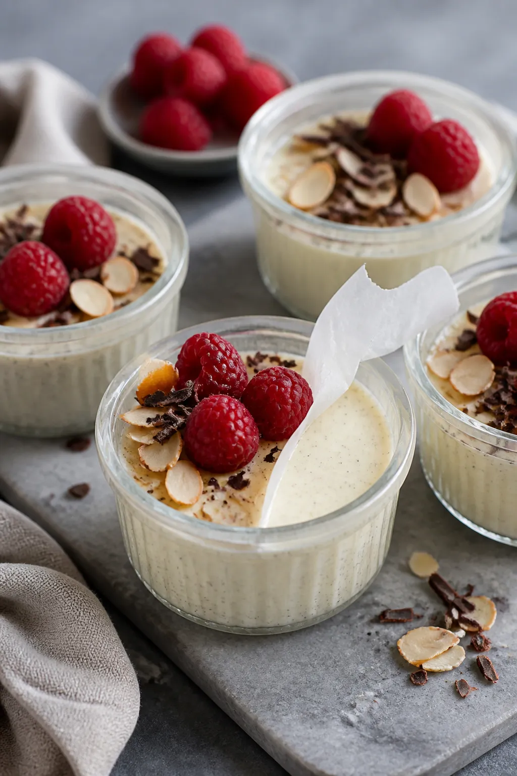 Final plated dessert: Creamy high-protein vanilla bean pudding set in petite glass ramekins, topped