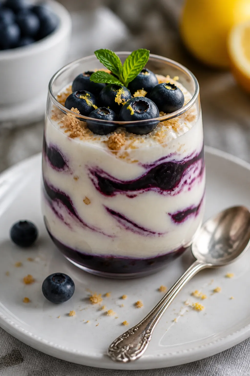 Final plated dessert glamour shot: Greek Yogurt Blueberry Cheesecake Pudding layered in a clear stem
