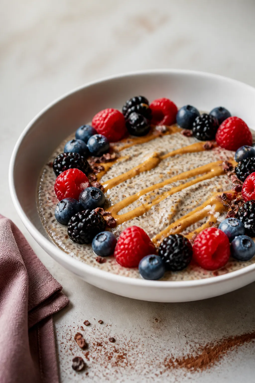 Final plated dessert presentation of the chia pudding in a low, wide white bowl, whisked to a silky