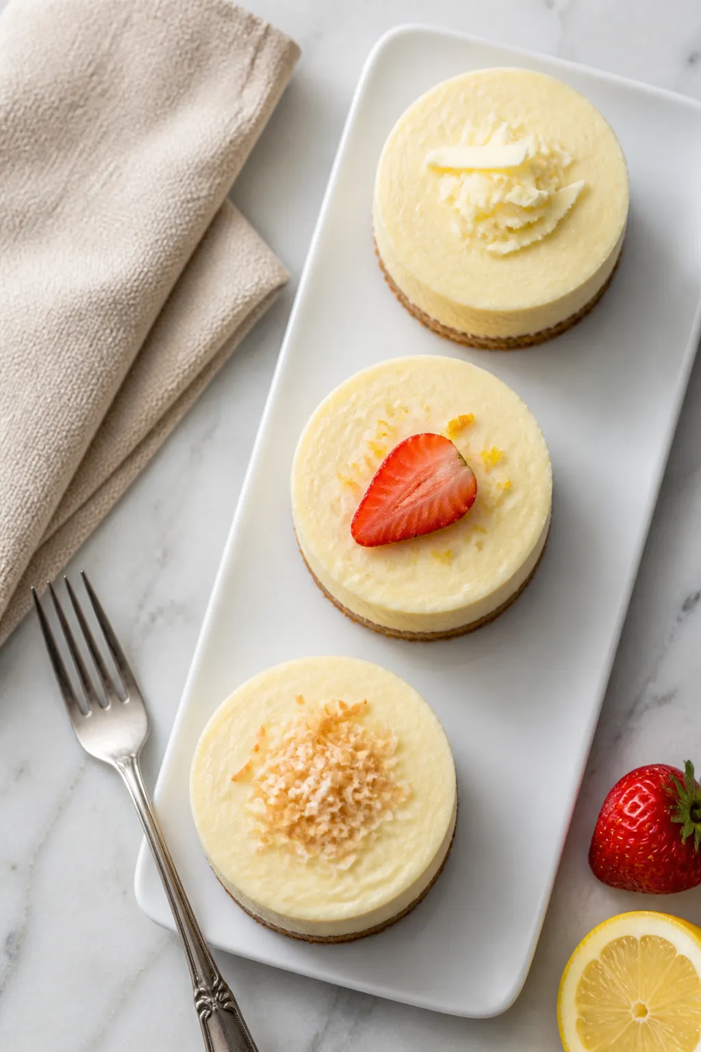 Final plated dessert: restaurant-quality trio of cheesecake cups on a matte white platter—one garn