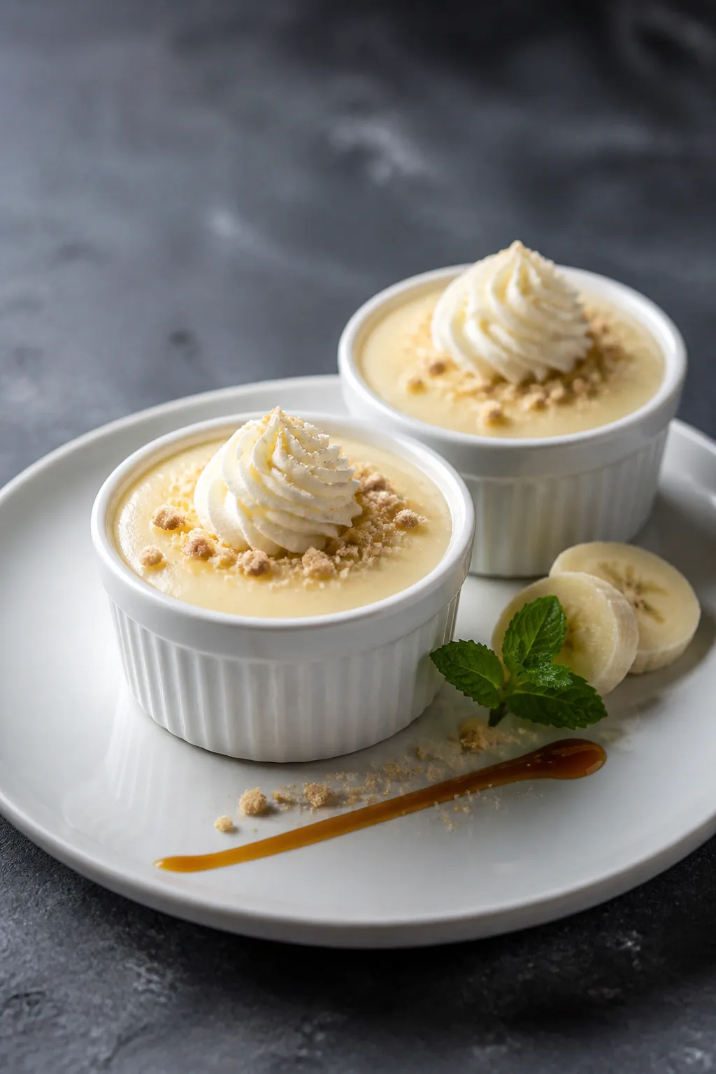 Final plated dessert shot: two chilled portions of high protein low carb banana cream pudding in sma