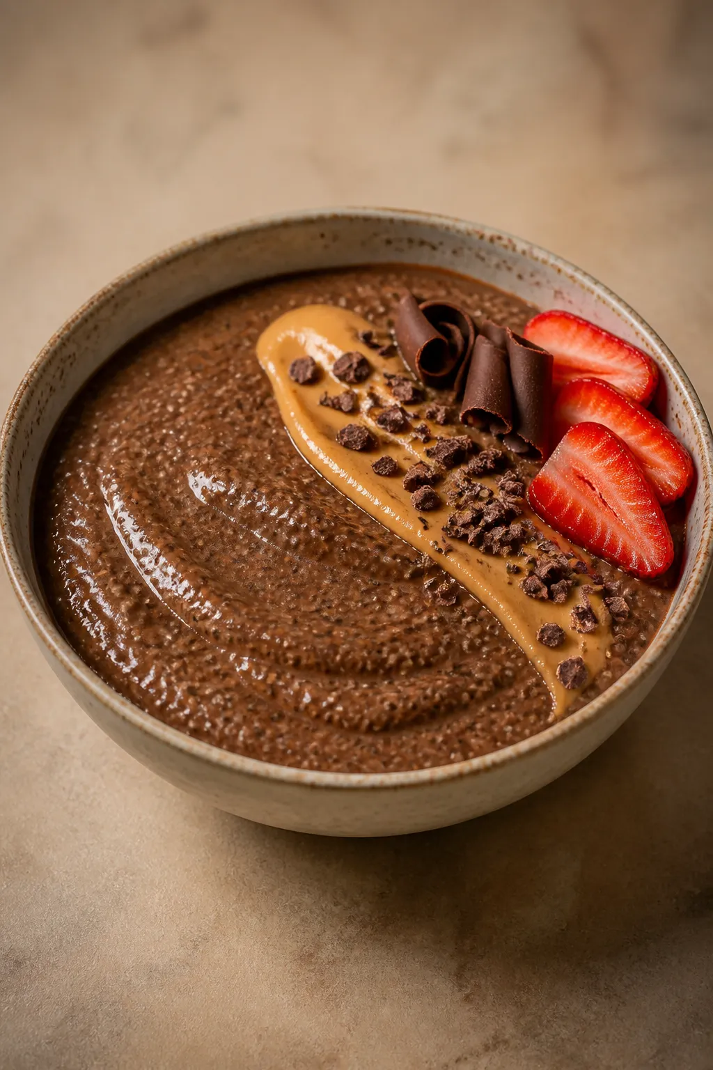 Final plated dessert-style presentation of the chocolate chia pudding in a low, wide ceramic bowl, l