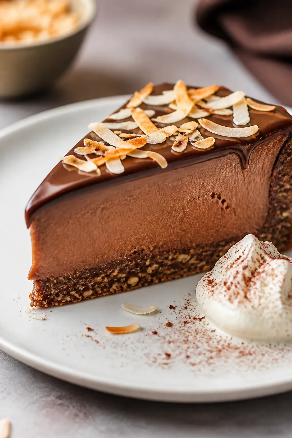 Final plated dish: A single, clean slice of High Protein Low Carb Chocolate Coconut Cheesecake on a
