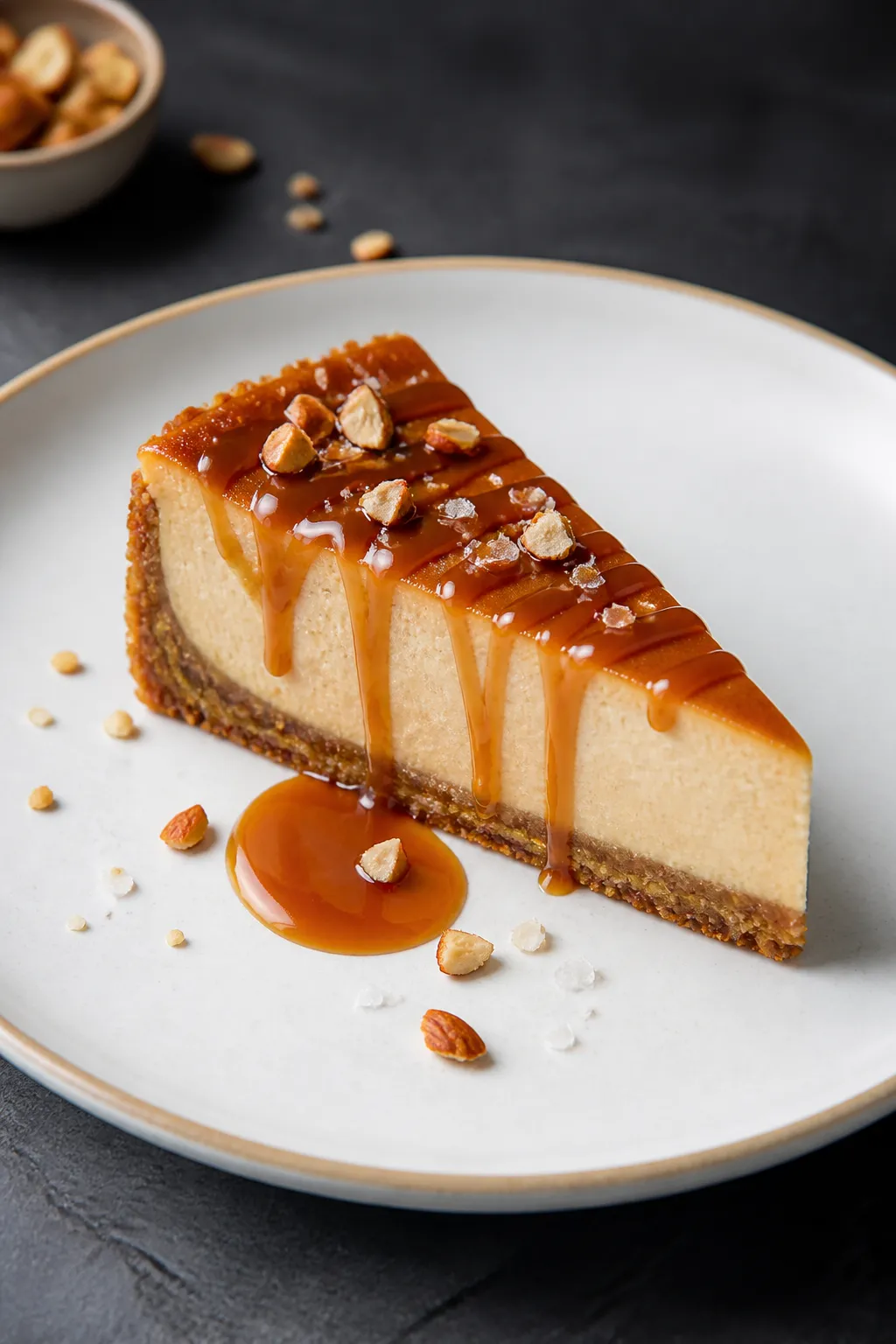Final plated dish: A single, neat slice of high-protein low-carb caramel cheesecake on a white rimme