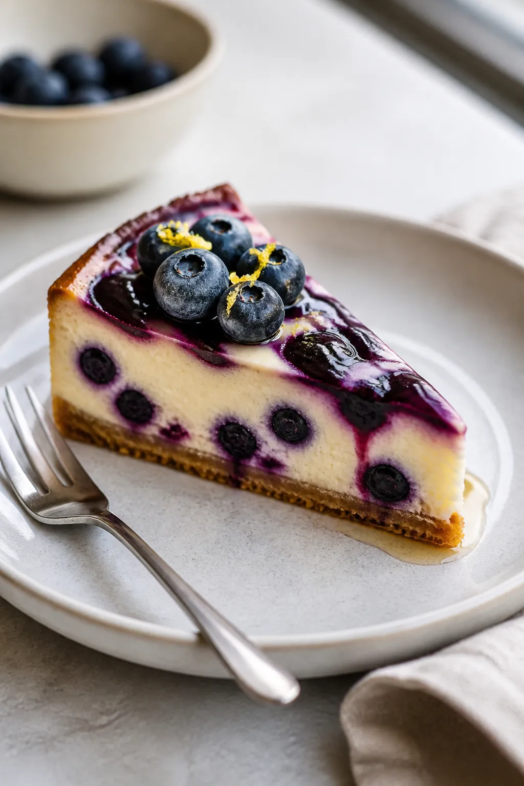 Final plated dish: A single pristine slice of high-protein low-carb blueberry cheesecake on a matte