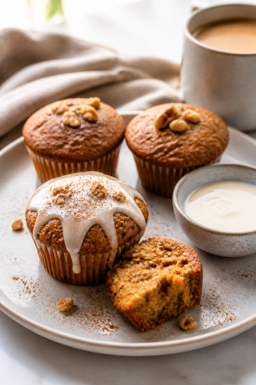 Final plated dish: Beautifully plated carrot cake muffins on a matte ceramic plate beside a small di