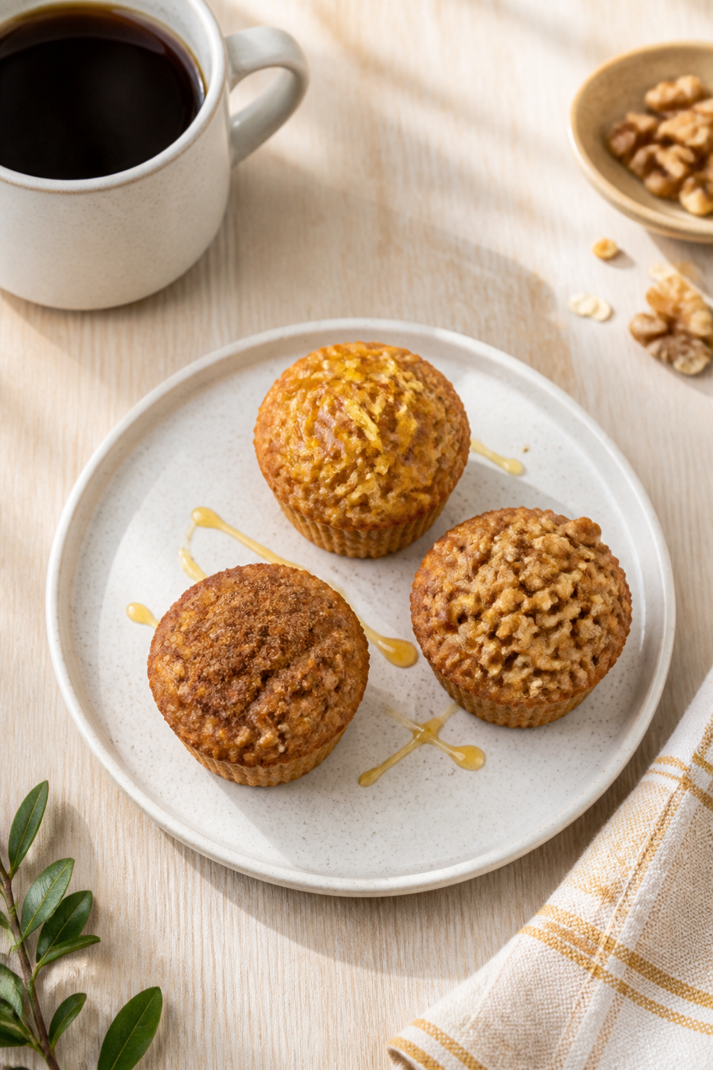 Final plated dish: Beautifully presented trio of honey oat mini muffins on a small white stoneware p