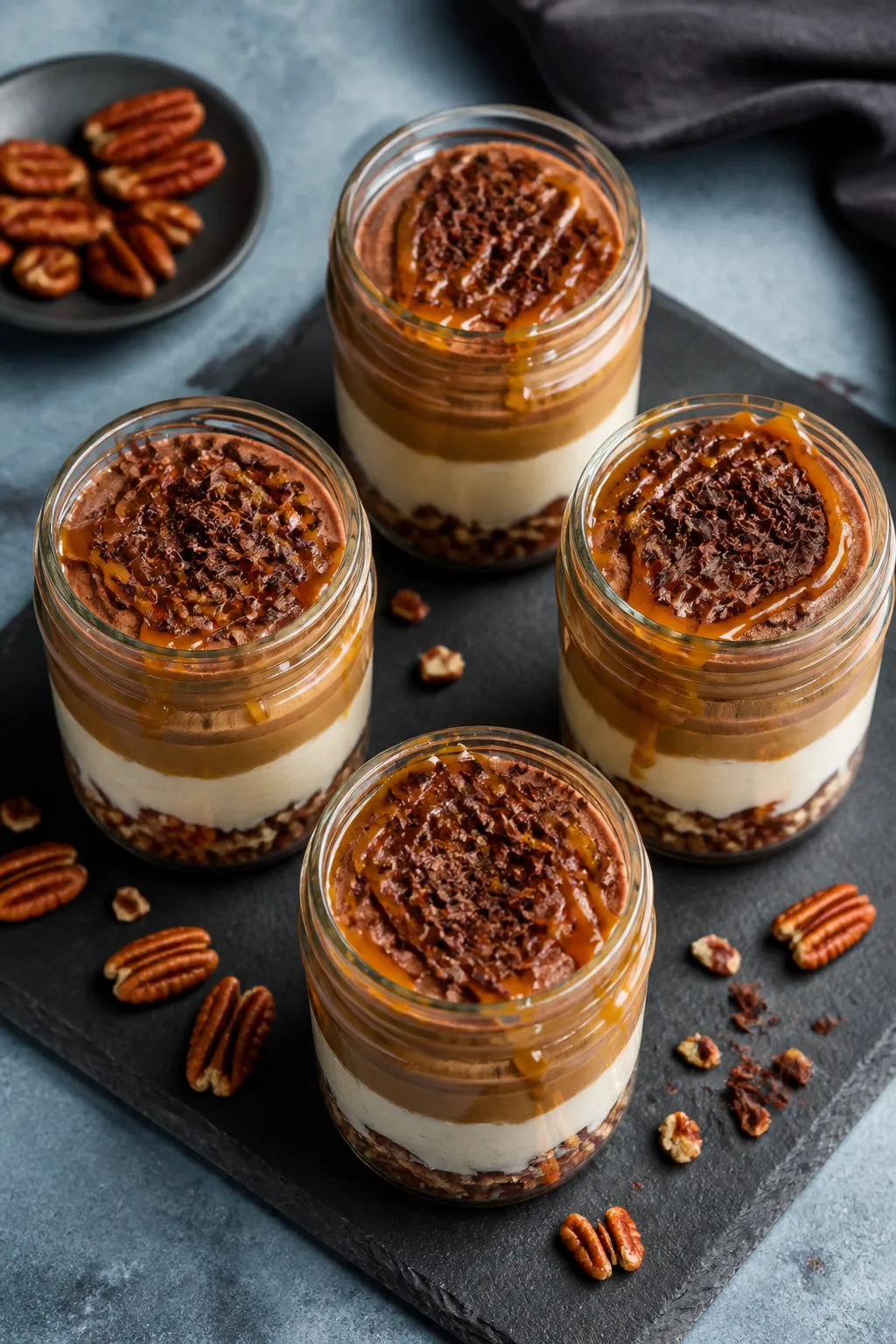 Final plated dish: Tasty top view of finished High Protein Low Carb Turtle Cheesecake Jars arranged 