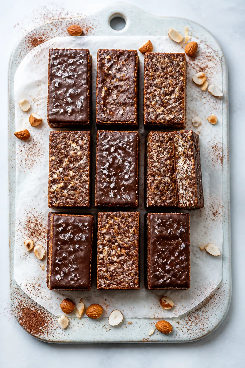 Final plated dish, top-down: overhead shot of 12 neatly cut no-bake chocolate coconut protein bars a