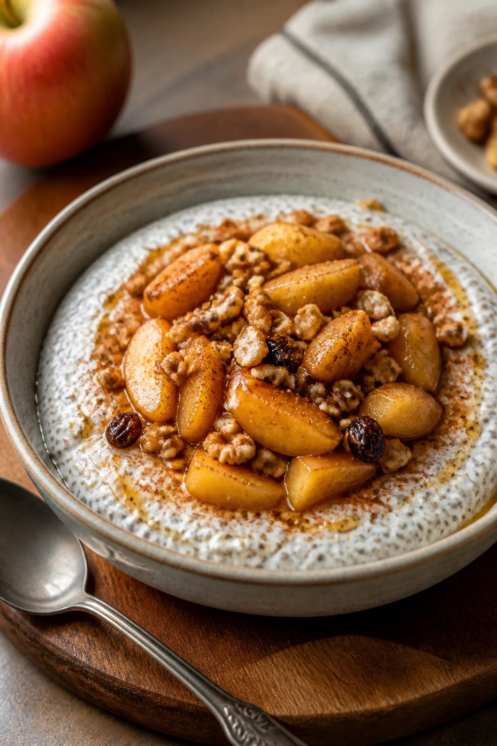 Final plated hero: Beautifully presented High Protein Apple Pie Chia Pudding in a low, wide bowl—s