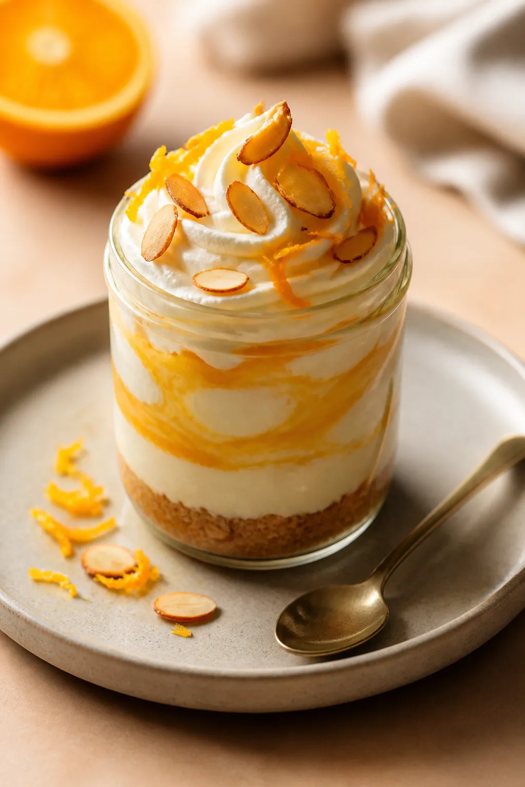 Final plated hero image of a single indulgent 8-ounce cheesecake jar, restaurant-quality presentatio