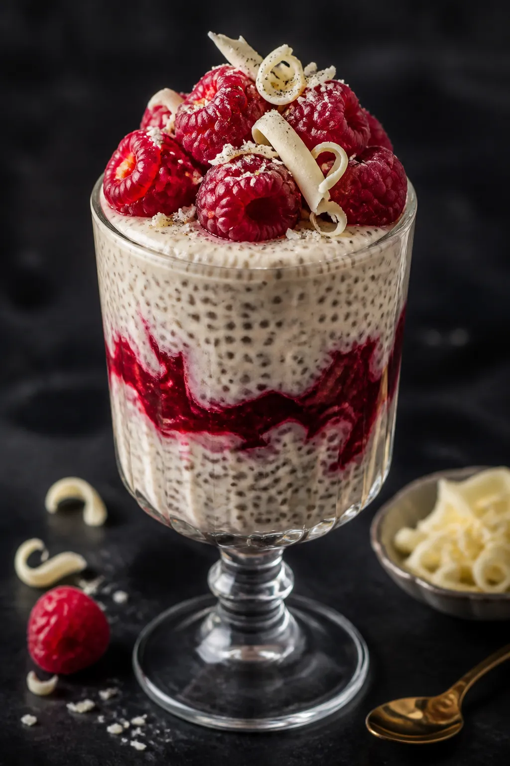 Final plated hero shot: a single café-style glass goblet of high-protein white chocolate raspberry 