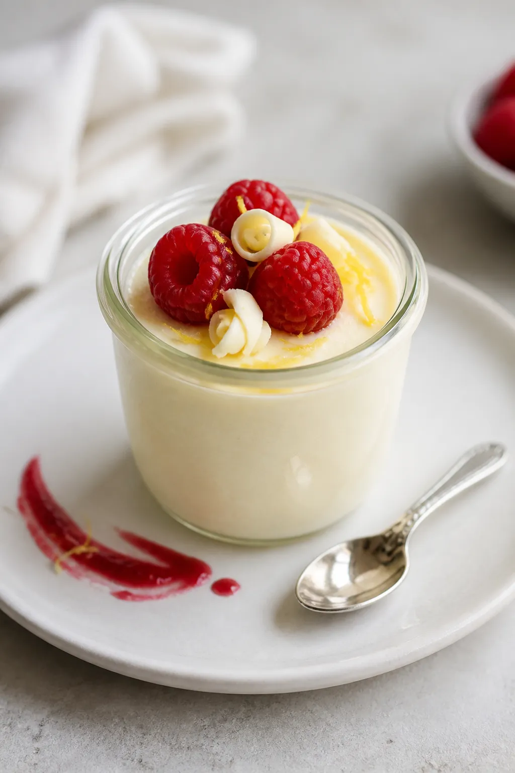 Final plated hero shot at a 3/4 angle: a single cheesecake jar without crust, perfectly set and ultr