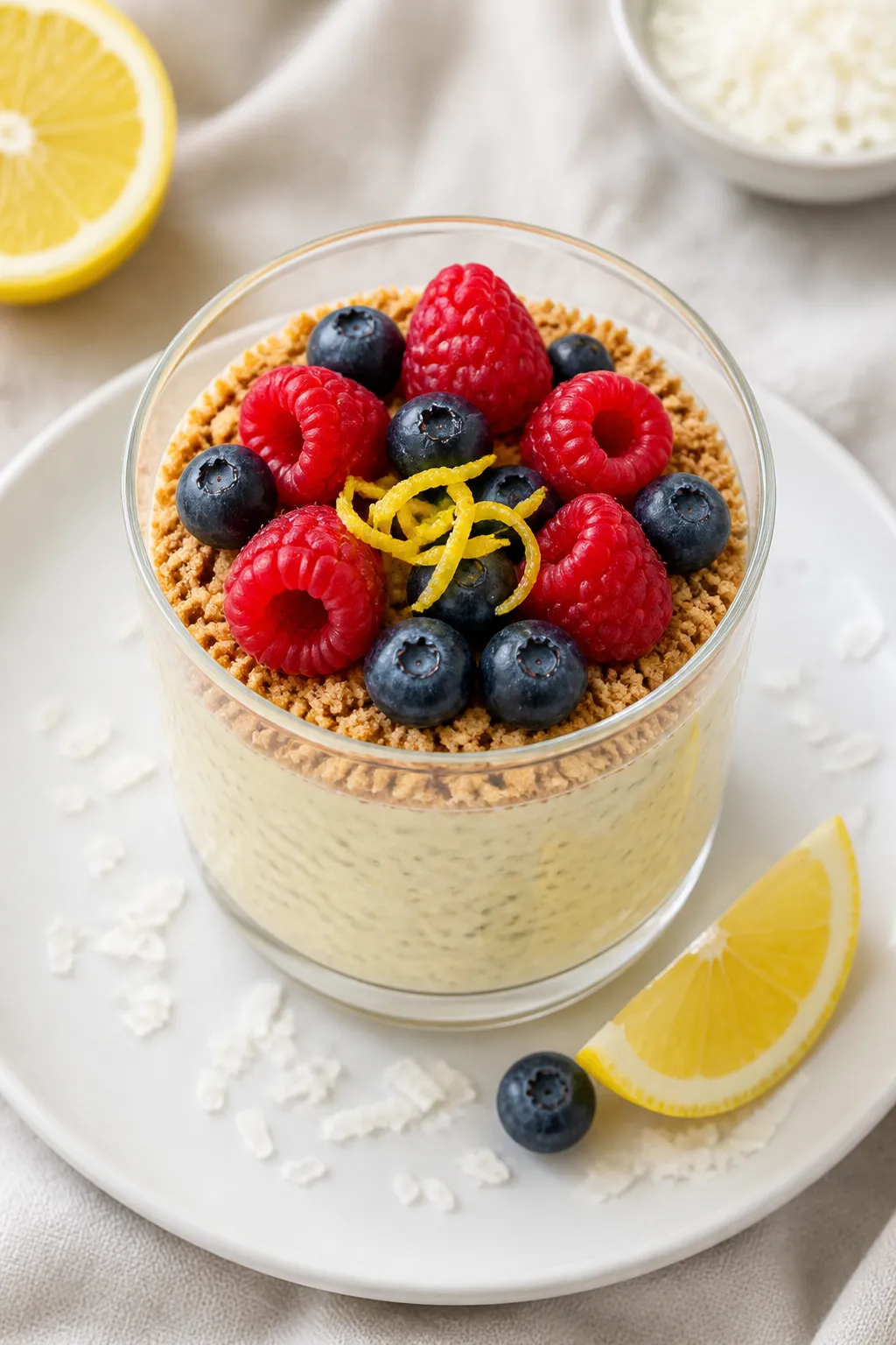 Final plated hero shot: Beautifully presented High Protein Lemon Cheesecake Chia Pudding layered in 