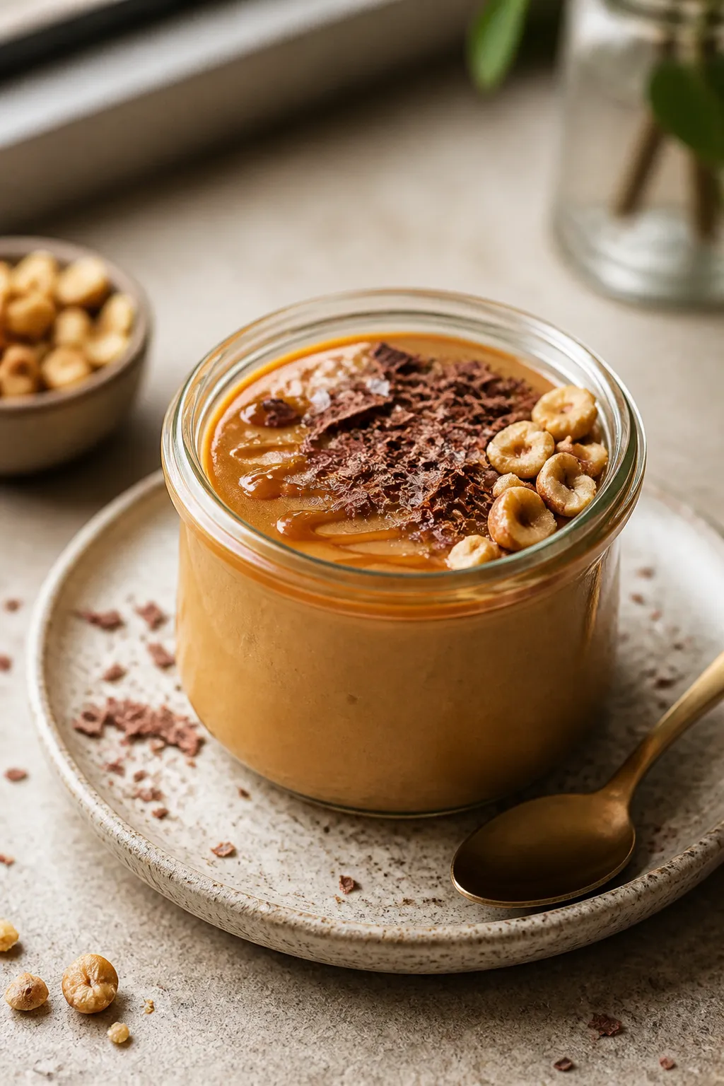 Final plated — High Protein Salted Caramel Pudding in café-style presentation: a single glass jar
