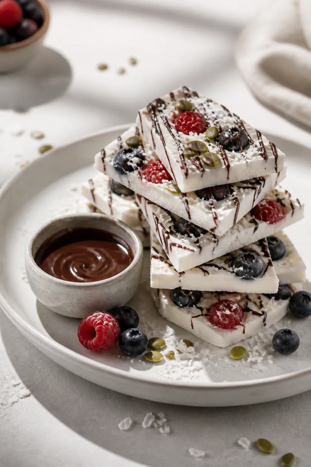 Final plated presentation: beautifully arranged stack of irregular yogurt bark pieces on a matte whi