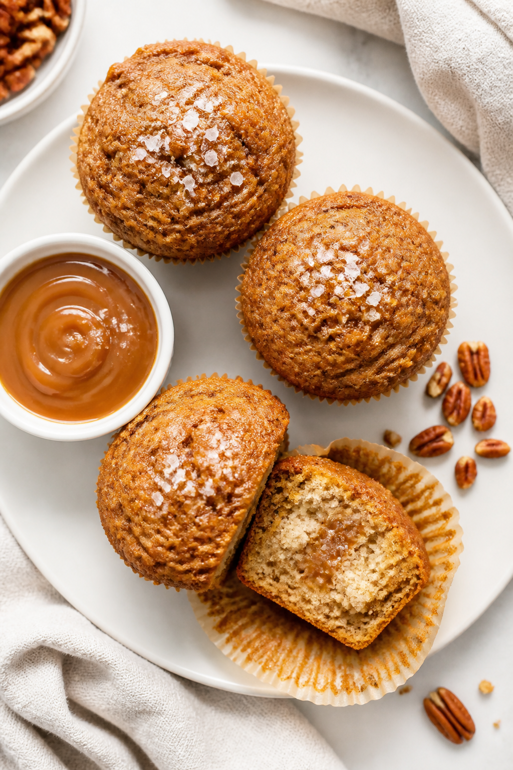 Final plated presentation: Beautifully arranged trio of salted caramel protein muffins on a matte wh